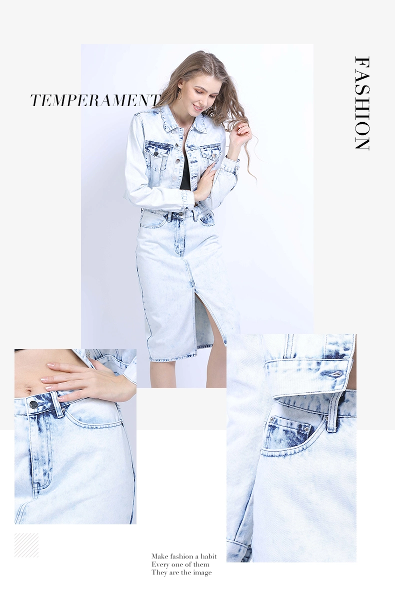 New Fashionable Women Clothing OEM&ODM Nice Bleached Color with Snow Wash Short Jackets with Long Sleeves Straight Fit Skirt Ladies Denim Suits Jeans