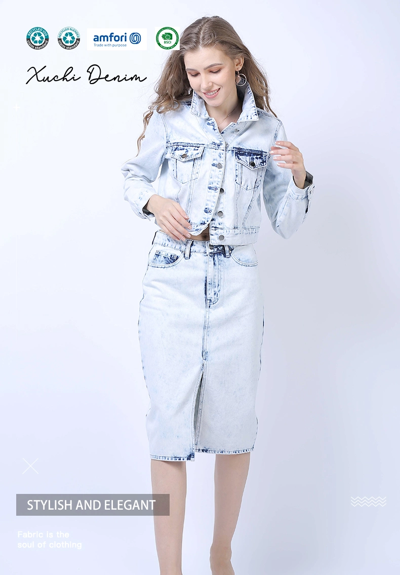 Women Clothing OEM&ODM Nice Bleached Color with Snow Wash Short Jackets with Long Sleeves Straight Fit Skirt Ladies Denim Suits Jeans